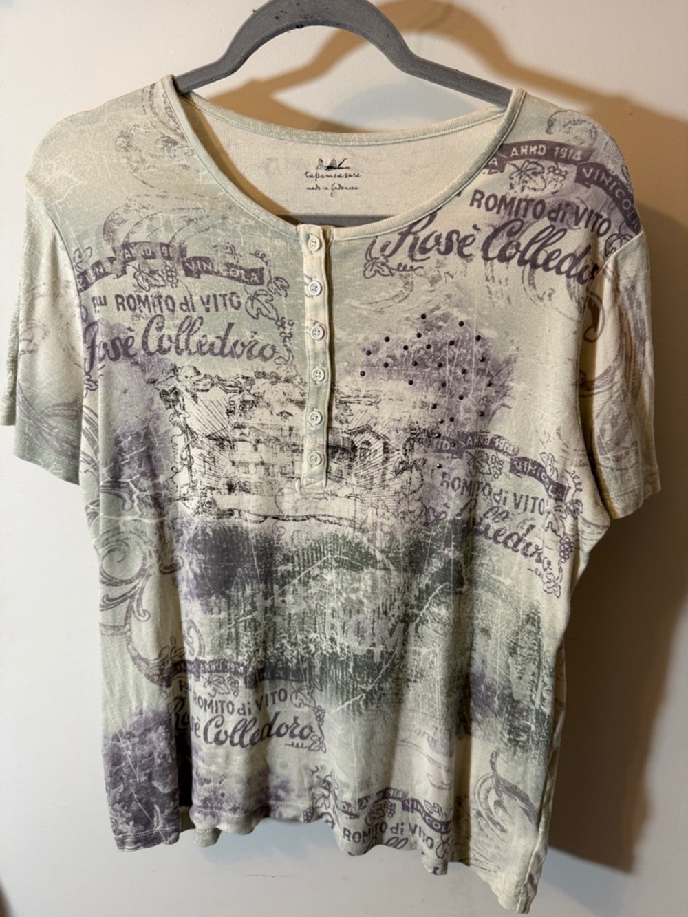 Tapemeasire Short-Sleeve Henley Tee in Light Sage with Lavender Print